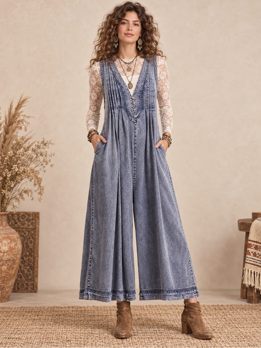 H283 NWT Blue Velvet L ptp21 Washed Blue Wide-Leg Denim Jumpsuit